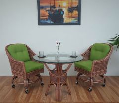 Wicker Dining Set 36" 1/2" Thick Glass Top Portofino Style (2 Castored Chairs) Teawash Brown