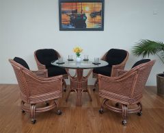Wicker Dining Set 42" 1/2" Thick Glass Top Portofino Style (4 Castored Chairs) Teawash Brown