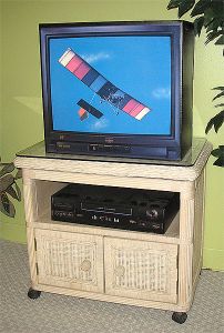 Wicker TV Stand with Glass Top, Swivel Top, Casters, Pavilion Style, White Wash