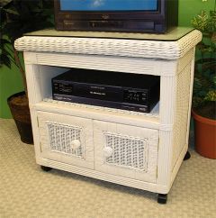 Wicker TV Stand with Glass Top, Swivel Top, Casters, Pavilion Style, White