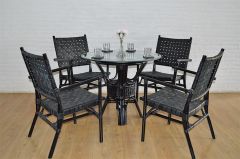 Rattan Dining Set W/(4) Leather Strapped Chairs & 1/2" thick 36" Glass Top Riviera Style, Black