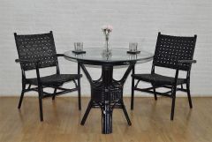 Rattan Dining Set W/ (2) Leather Strapped Chairs & 36" 1/2 Thick Glass Top Riviera Style, Black