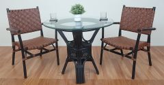 3 Piece Rattan Dining Set With Leather Strapped Chairs & 36" Round Dining Table Riviera Style, Black with Brown Leather Seat & Back