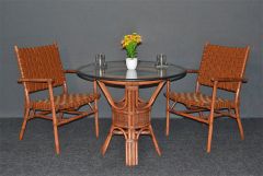 Rattan Dining Set W/ 2 Leather Strapped Chairs & 36" 1/2" thick Glass Top Riviera Style, Teawash Brown
