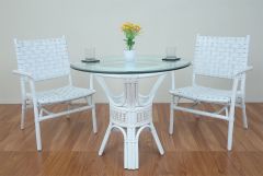 3 Piece Rattan Dining Set With Leather Strapped Chairs & 36" Round Dining Table Riviera Style, White