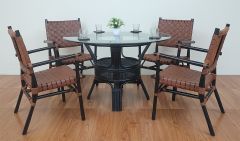 5 Piece Rattan Dining Set With Leather Strapped Chairs & 48" Round Dining Table Riviera Style