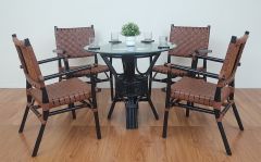 5 Piece Rattan Dining Set With Leather Strapped Chairs & 36" Round Dining Table Riviera Style, Black with Brown Seat & Back