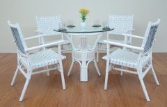 5 Piece Rattan Dining Set With Leather Strapped Chairs & 36" Round Dining Table Riviera Style, White