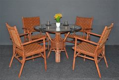 Rattan Dining Set W/(4) Leather Strapped Chairs & 42" 1/2 Thick Glass Top Riviera Style, Tea Wash Brown