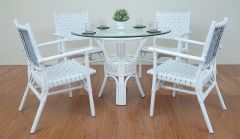5 Piece Rattan Dining Set With Leather Strapped Chairs & 42" Round Dining Table Riviera Style, White