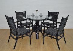 Rattan Dining Set W/ (4) Leather Strapped Chairs & 42" 1/2 Thick Glass Top Riviera Style, Black