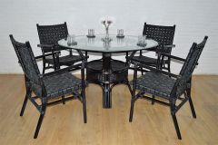Rattan Dining Set W/ (4) Leather Strapped Chairs & 48" 1/2" Thick Glass Top Riviera Style--Black
