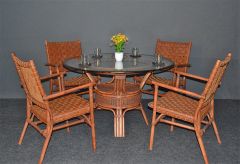 Rattan Dining Set W (4) Leather Strapped Chairs & 48" 1/2" Thick Glass Top Riviera Style, Tea Wash Brown