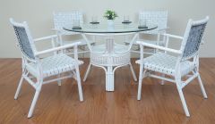 5 Piece Rattan Dining Set With Leather Strapped Chairs & 48" Round Dining Table Riviera Style