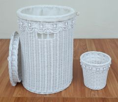 Wicker Hamper Round Lined Beaded Victorian Style AND Matching Round Waste Basket White