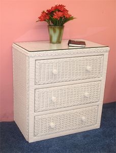 Wicker Dresser 3 Drawer Traditional with Glass Top, White