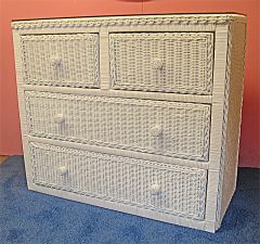 Wicker Dresser 4 Drawer Traditional with Glass Top, White