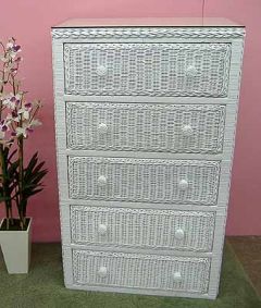 Wicker Dresser 5 Drawer Traditional with Glass Top, White