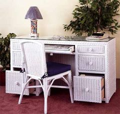 Wicker Double Desk & Chair W/File Drawers on Both Sides and Glass Top. Traditional Style