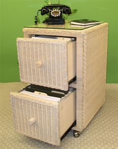 Wicker File Cabinet 2 Drawers with Glass Top, White Wash