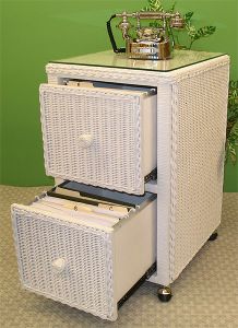 Wicker File Cabinet 2 Drawers with Castors and Glass Top, White