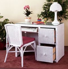 Wicker Desk W/File Cabinet Drawers & Chair, White Traditional Style with Glass Top