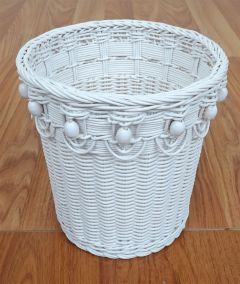 Wicker Waste Basket Round Beaded Victorian Style White