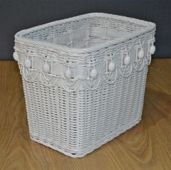 Wicker Waste Basket Beaded Victorian Style Rectangular, White