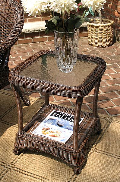 Resin Wicker End Table w/Inset Glass Top Veranda Style (3) Colors
