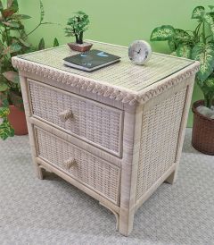 Wicker Night Table with Glass Top Augusta, White Wash