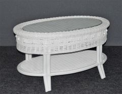 Wicker Coffee Table Oval w/ Glass Top, Beaded Victorian Style White (July 24)