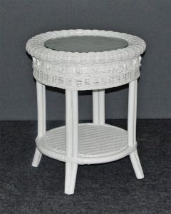 Wicker End Table Round w/ Glass Top, Beaded Victorian Style, White (Brand New --July 2024)