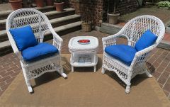 3 Piece White Garden Side Natural Wicker Chat Set (1-Chairs 1-Rocker)