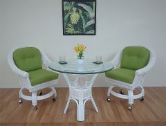 Wicker Dining Set 36" 1/2" Thick Glass Top Diamond Style (2 Castored Chairs) White 