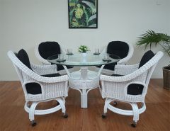 Wicker Dining Set w/Castors Diamond Style 48" Dining Set (4 Chairs) White