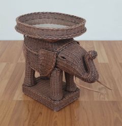 Wicker Elephant Table with Glass Top, Tea Wash