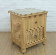 Rattan Night Stand w/ Inset Glass, 2 Drawers, Natural Frame Finish New Design Estimate July Delivery