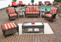 Resin Wicker Furniture Set W/Love Seat, Chair, Rocker. Otto & 2 Tables Brown Laguna Beach Style