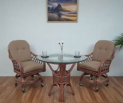 Wicker Dining Set 36" 1/2" Thick Glass Top Marina Style (2 Castored Chairs) Teawash Brown