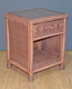 Wicker Night Stand, Victorian 1 Drawer with Inset Glass Top, Teawash