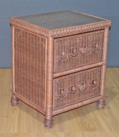 Wicker Night Table, Victorian Beaded 2 Drawer with Inset Glass Top, Teawash