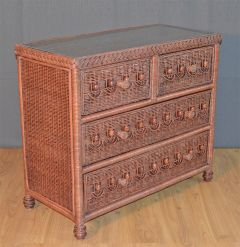 Wicker Dresser Victorian Beaded 4 Drawer w/ Inset Glass Top, Teawash Brown