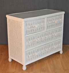 Wicker Dresser Victorian Beaded 4 Drawer w/ Inset Glass Top, White