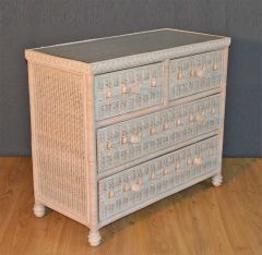 Wicker Dresser Victorian 4 Drawer w/ Inset Glass Top, White Wash