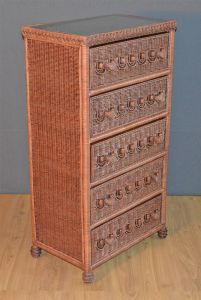 Wicker Dresser Victorian Beaded 5 Drawer w/ Inset Glass Top, Teawash Brown