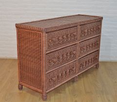 Wicker Dresser Victorian Beaded 6 Drawer w/ Inset Glass Top Teawash Brown