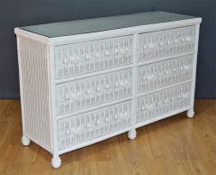 Wicker Dresser Victorian Beaded 6 Drawer w/ Inset Glass Top, White