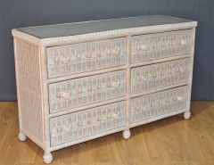 Wicker Dresser Victorian Beaded 6 Drawer w/ Inset Glass Top, White Wash