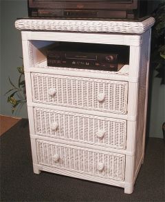 Wicker TV Stand, Swivel Top, 3 Drawers & Glass, White & Whitewash, Pavilion Style