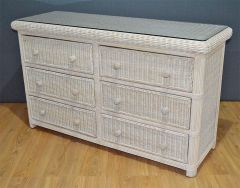 Wicker Dresser Pavilion 6 Drawer w/ Glass Top, White Wash